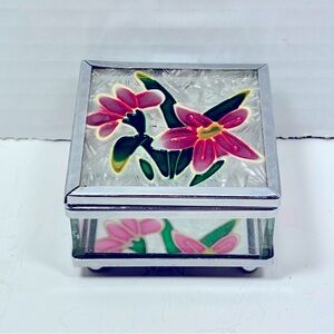 Stained Glass Pink Flower Jewelry Trinket Vanity Box Mirrored Bottom